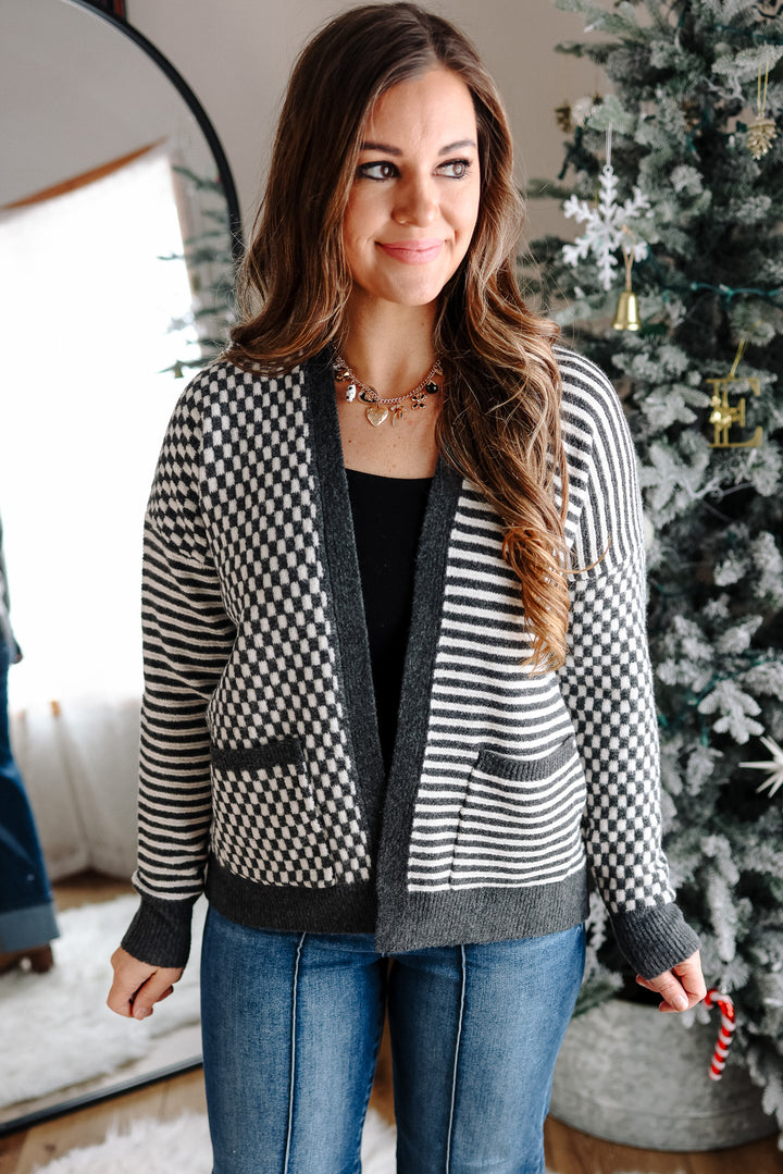 Eden Checkers and Stripes Cardigan - Charcoal