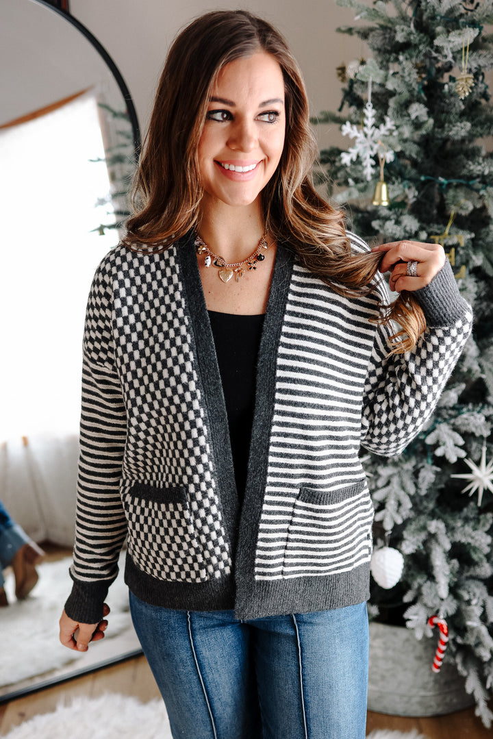 Eden Checkers and Stripes Cardigan - Charcoal