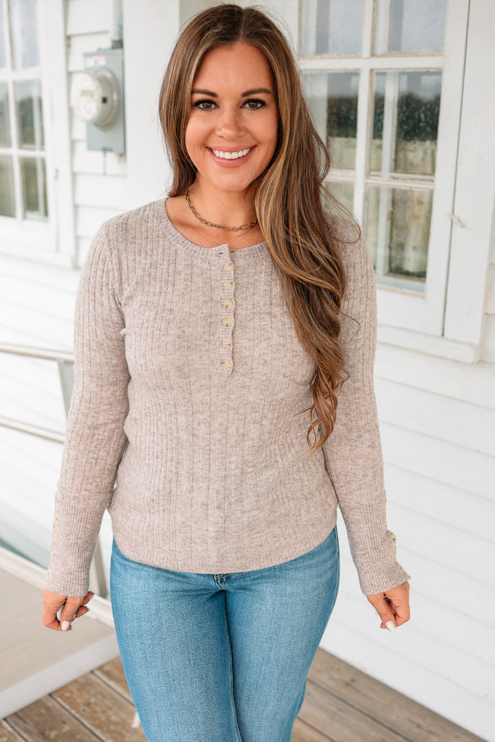 Aaryn Buttoned Cuffs Henley Top - Dusty Cocoa