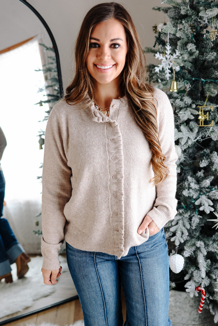 Brielle Ruffled Button Down Cardigan - Oatmeal
