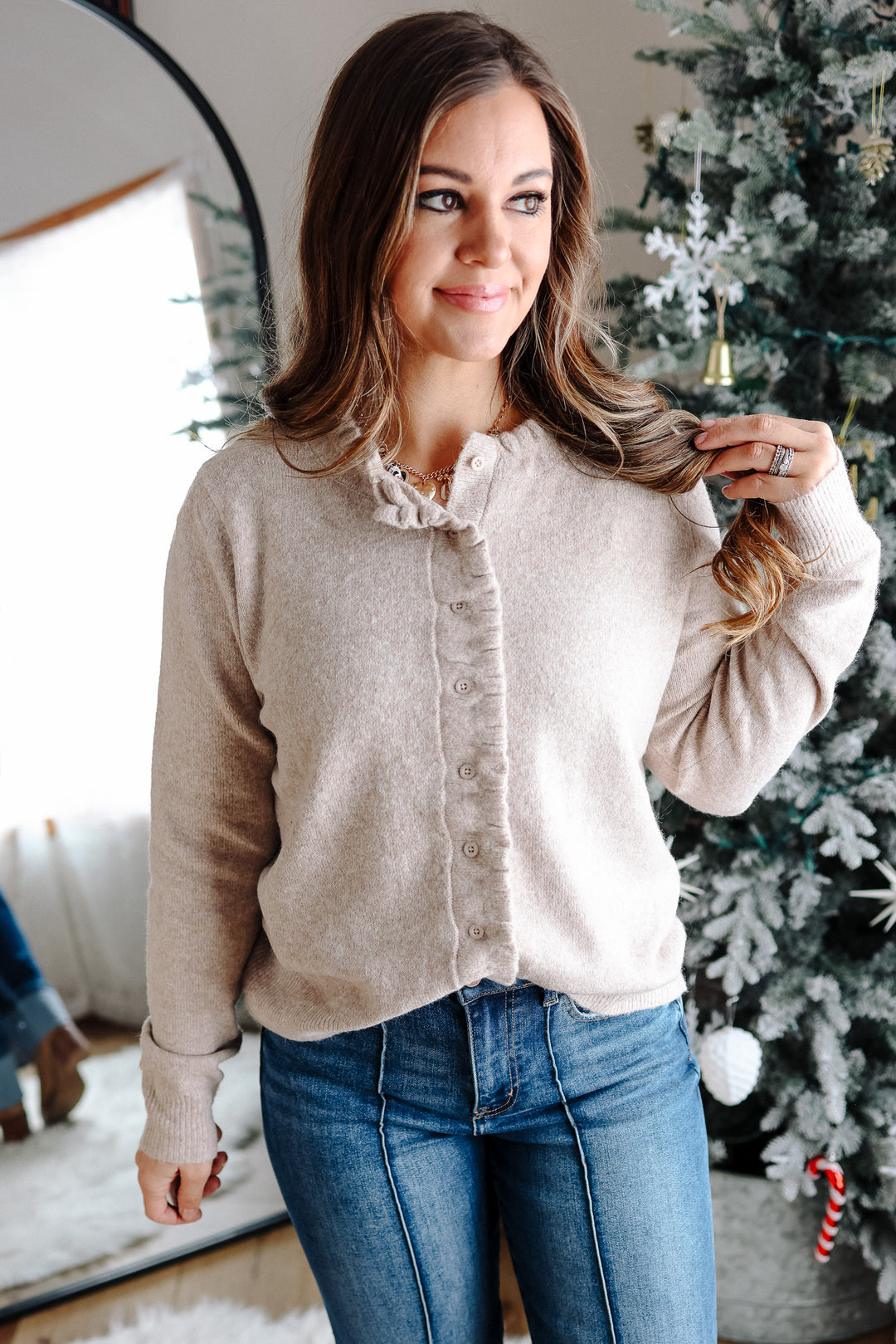 Brielle Ruffled Button Down Cardigan - Oatmeal