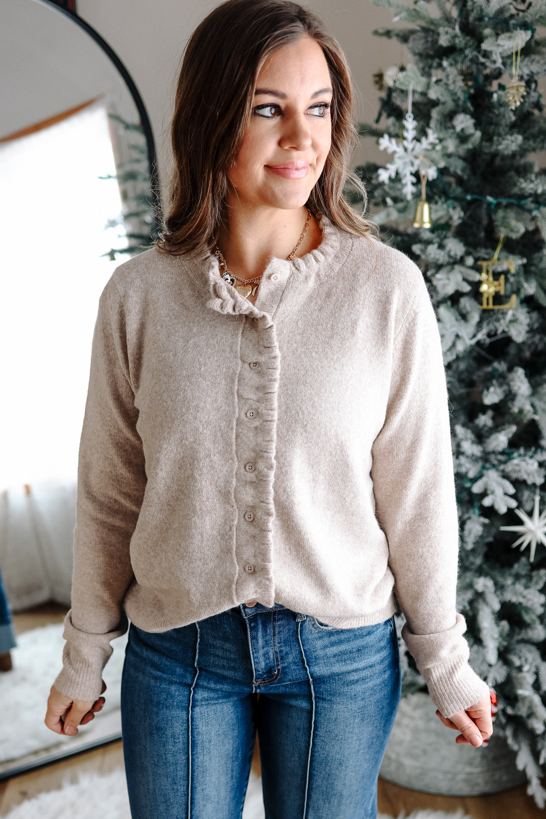 Brielle Ruffled Button Down Cardigan - Oatmeal