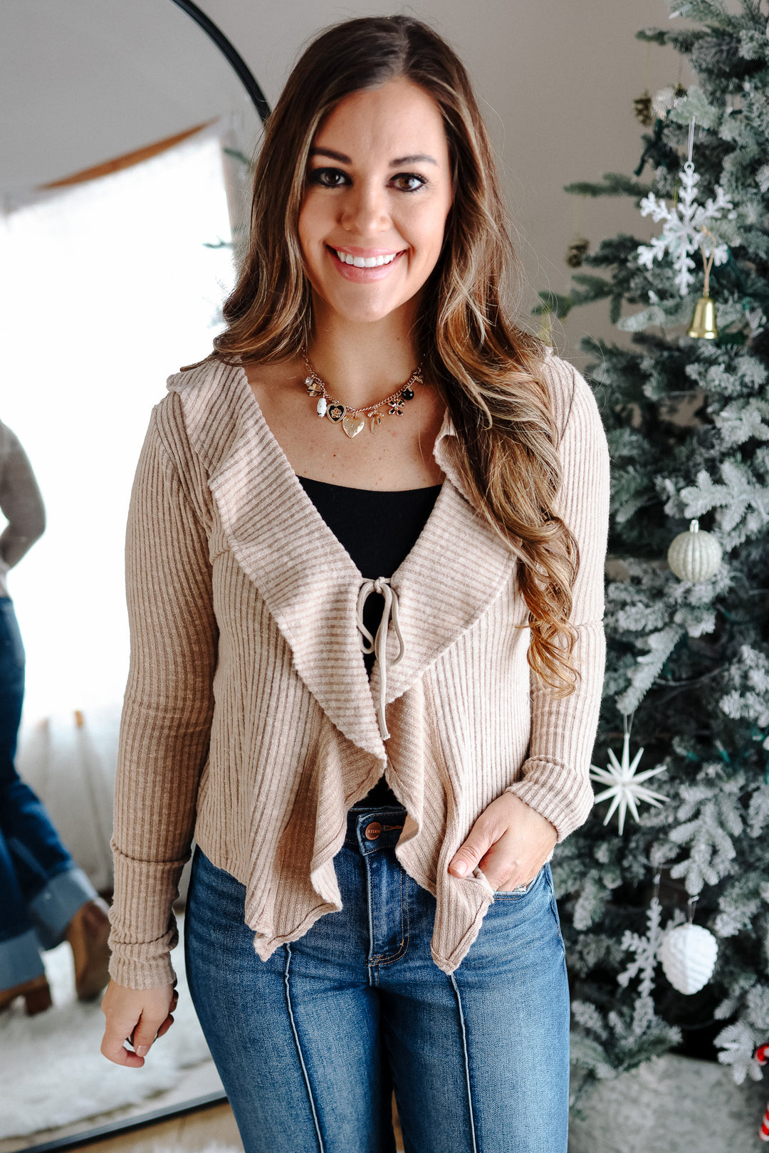 Katie Ruffled Ribbed Top - Taupe