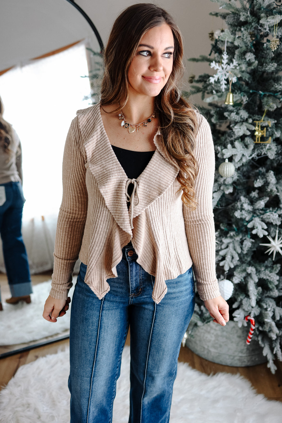Katie Ruffled Ribbed Top - Taupe