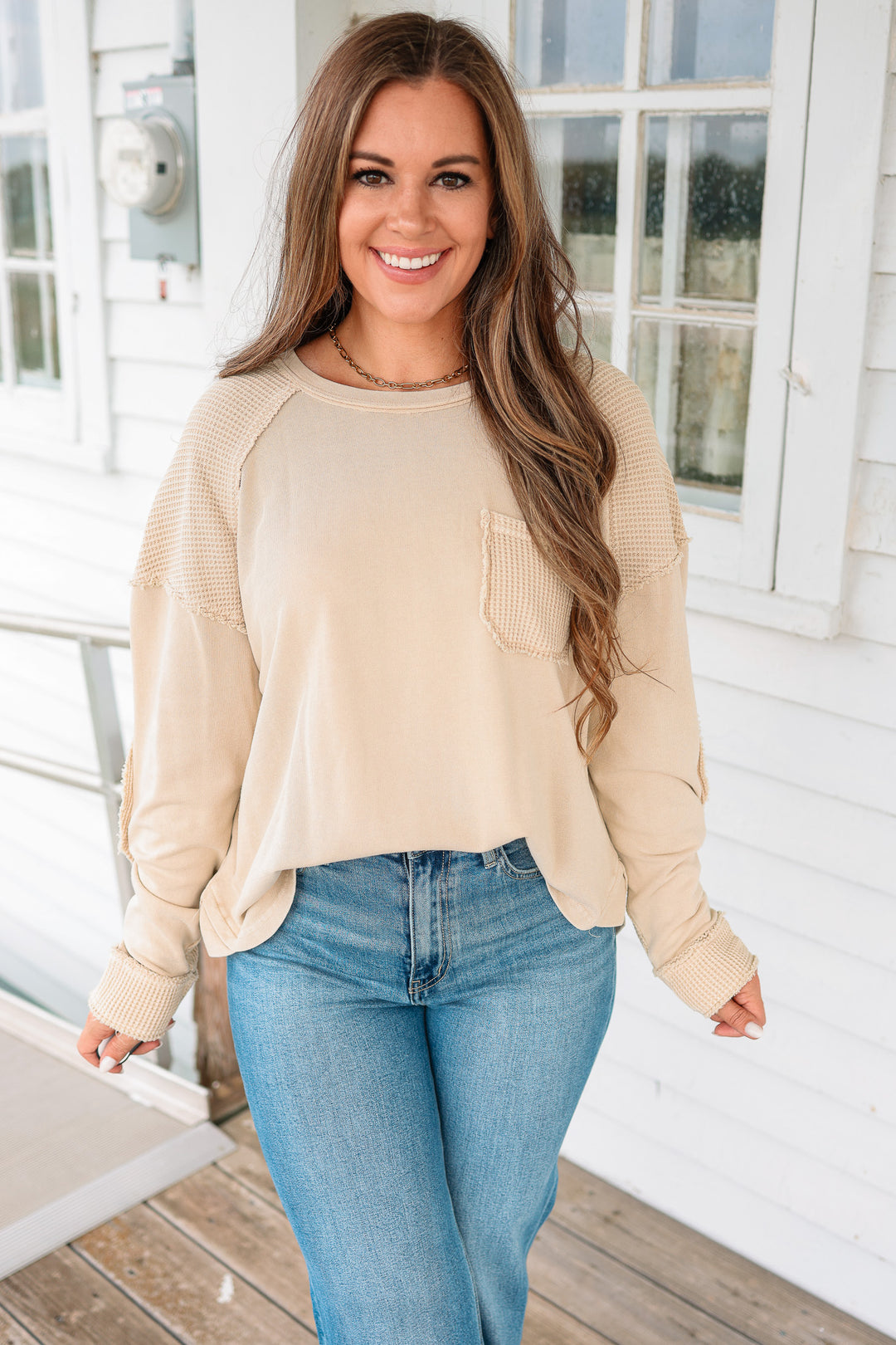 Jaida Mineral Washed Waffle Mixed Top - Sand
