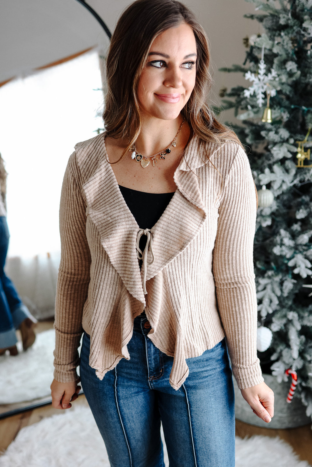 Katie Ruffled Ribbed Top - Taupe