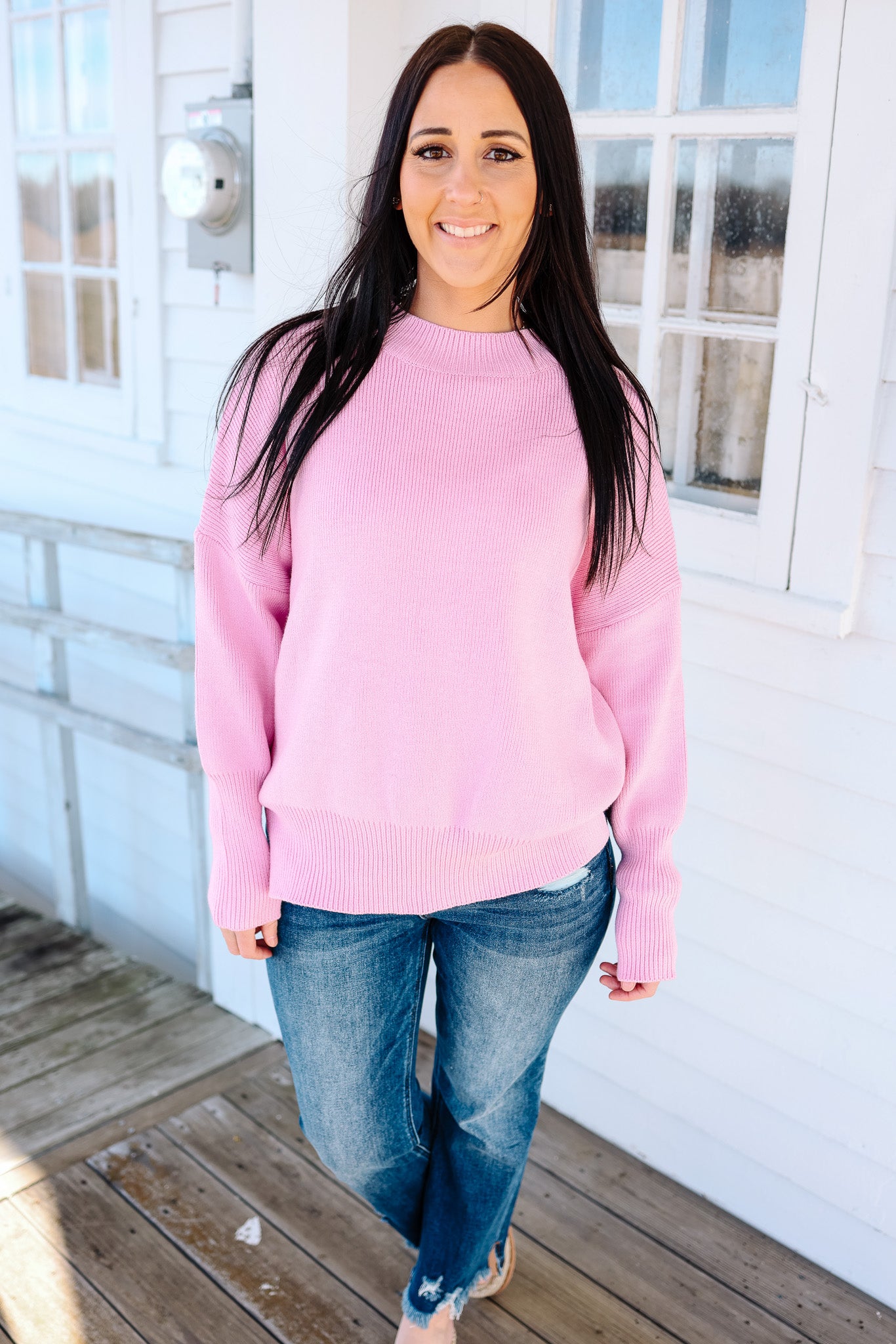 Ava Mock Neck Ribbed Sweater - Cherry Pink