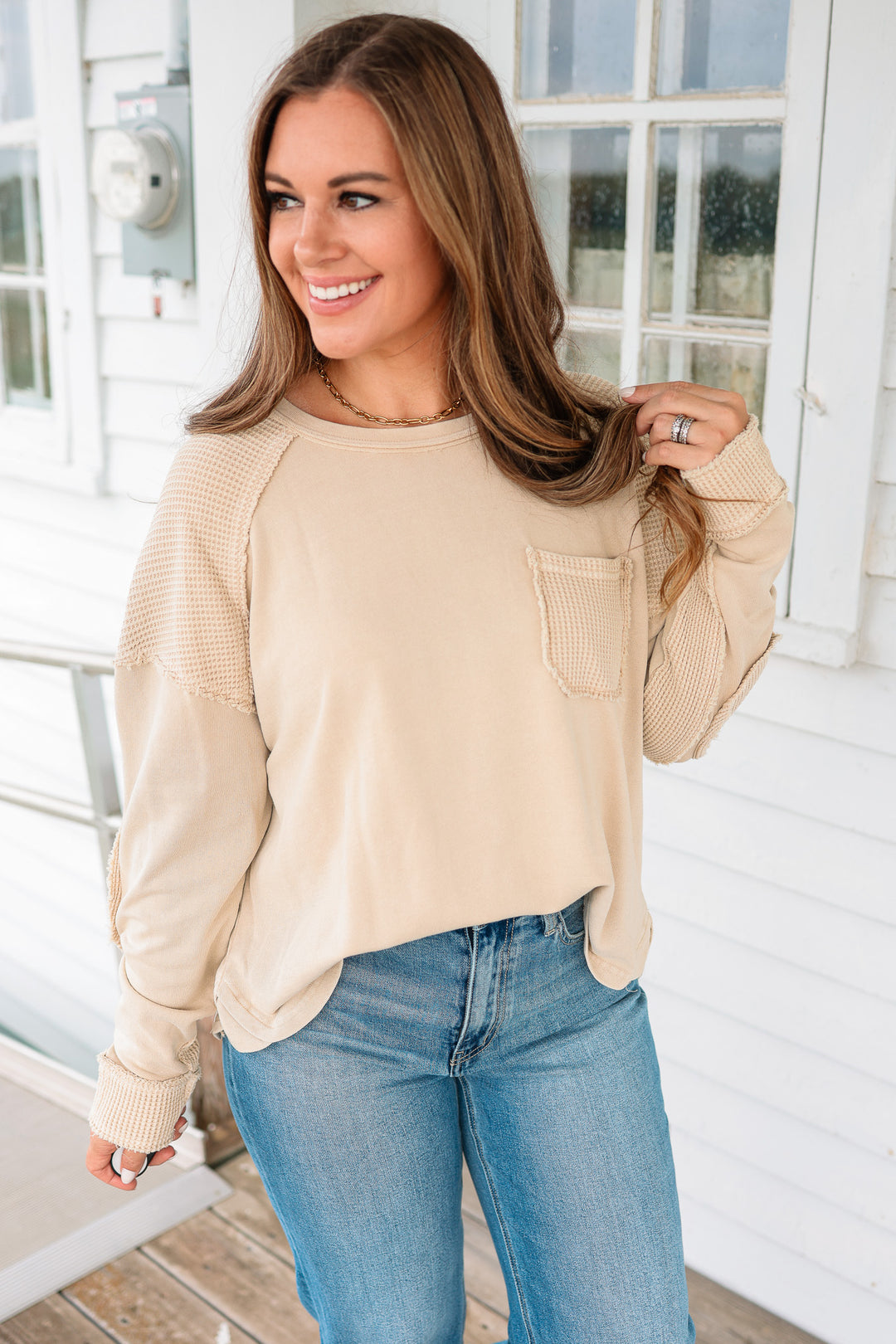 Jaida Mineral Washed Waffle Mixed Top - Sand