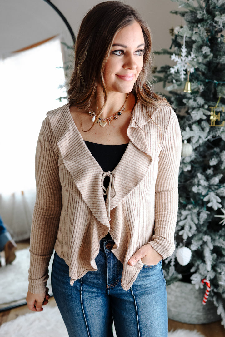Katie Ruffled Ribbed Top - Taupe