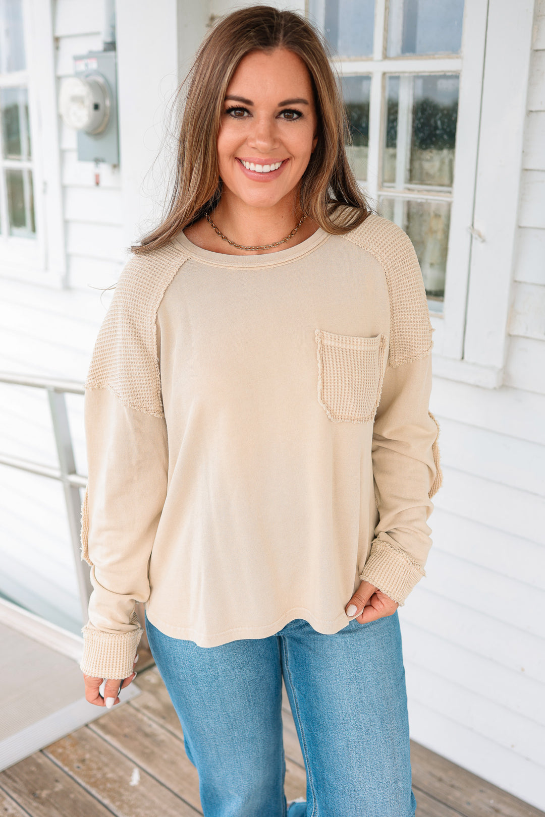 Jaida Mineral Washed Waffle Mixed Top - Sand