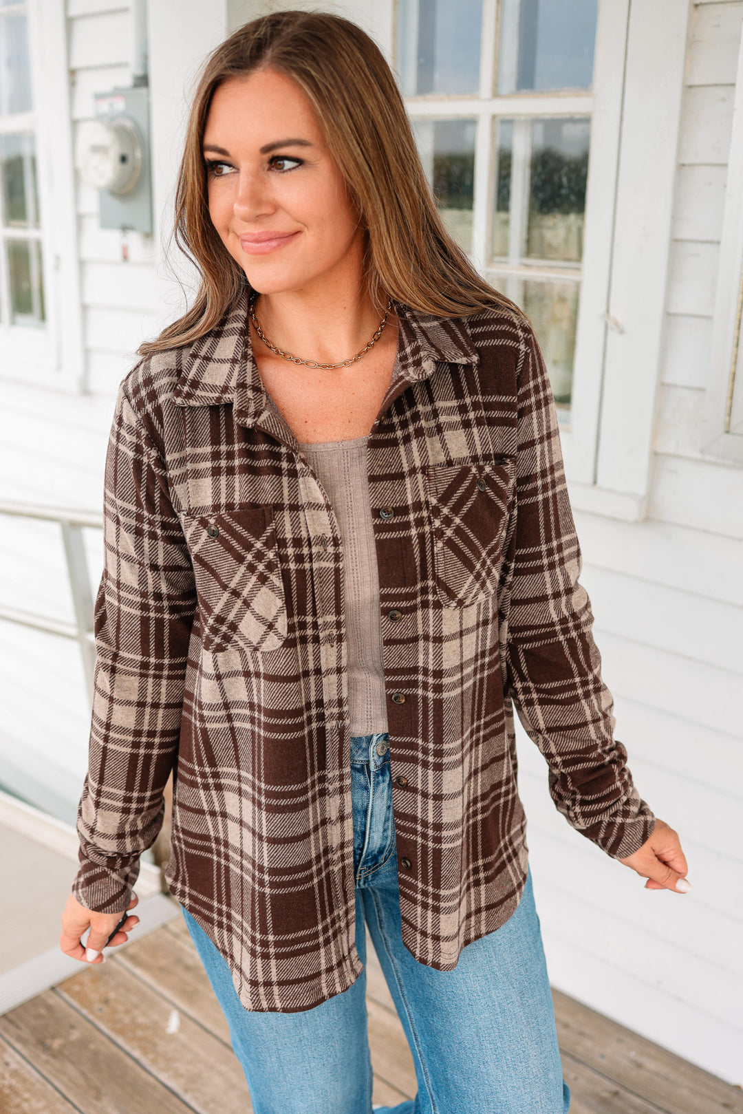 Ava Plaid Button Up - Chocolate Brown