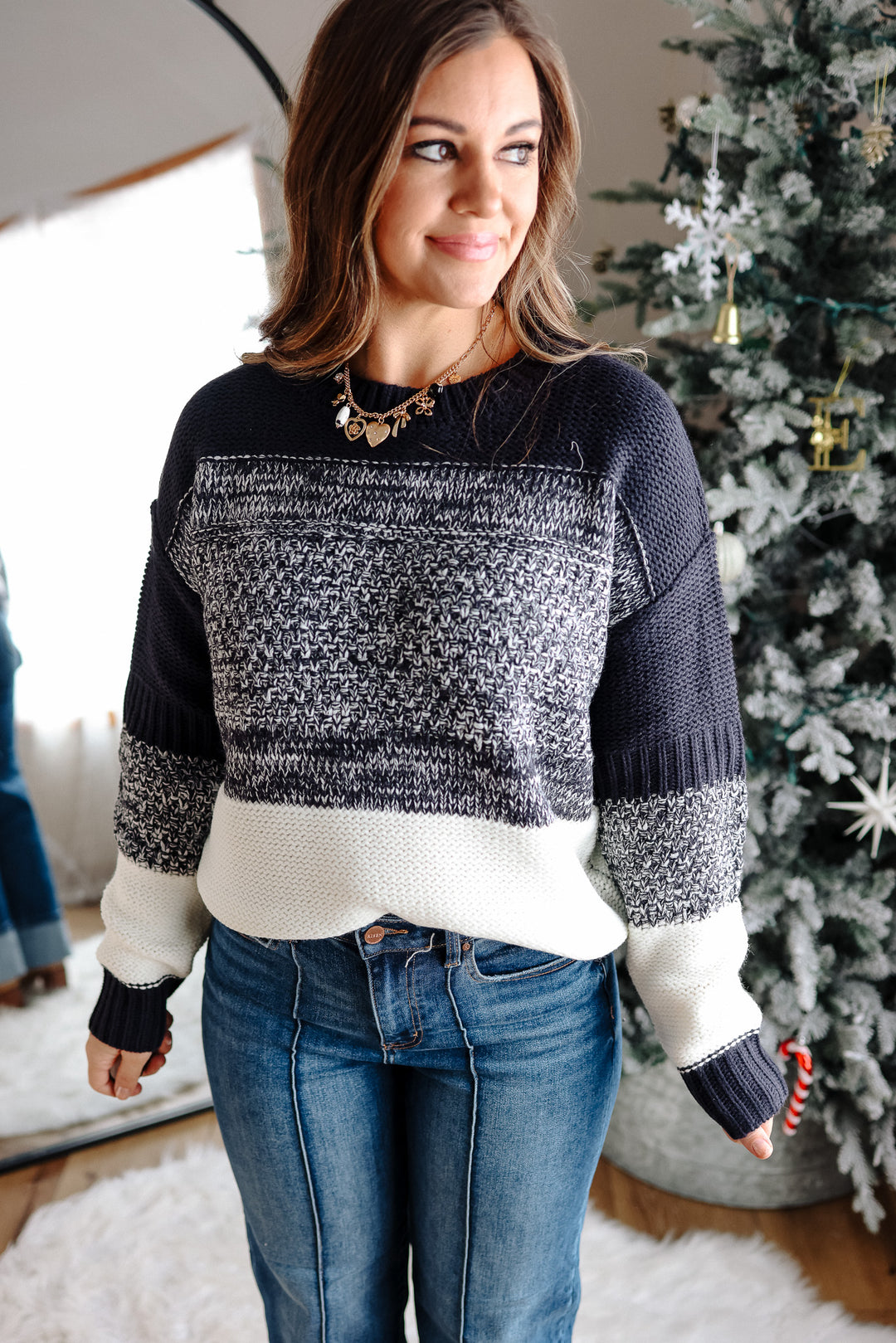 Jillian Colorblock Striped Sweater - Navy