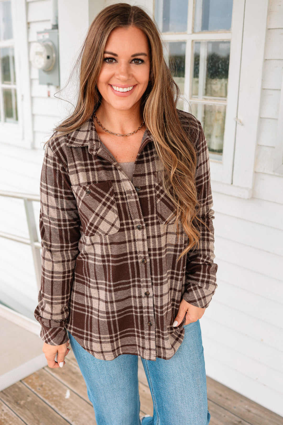 Ava Plaid Button Up - Chocolate Brown