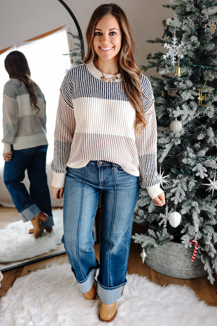Lyndee Chenille Colorblock Sweater - Navy/Taupe