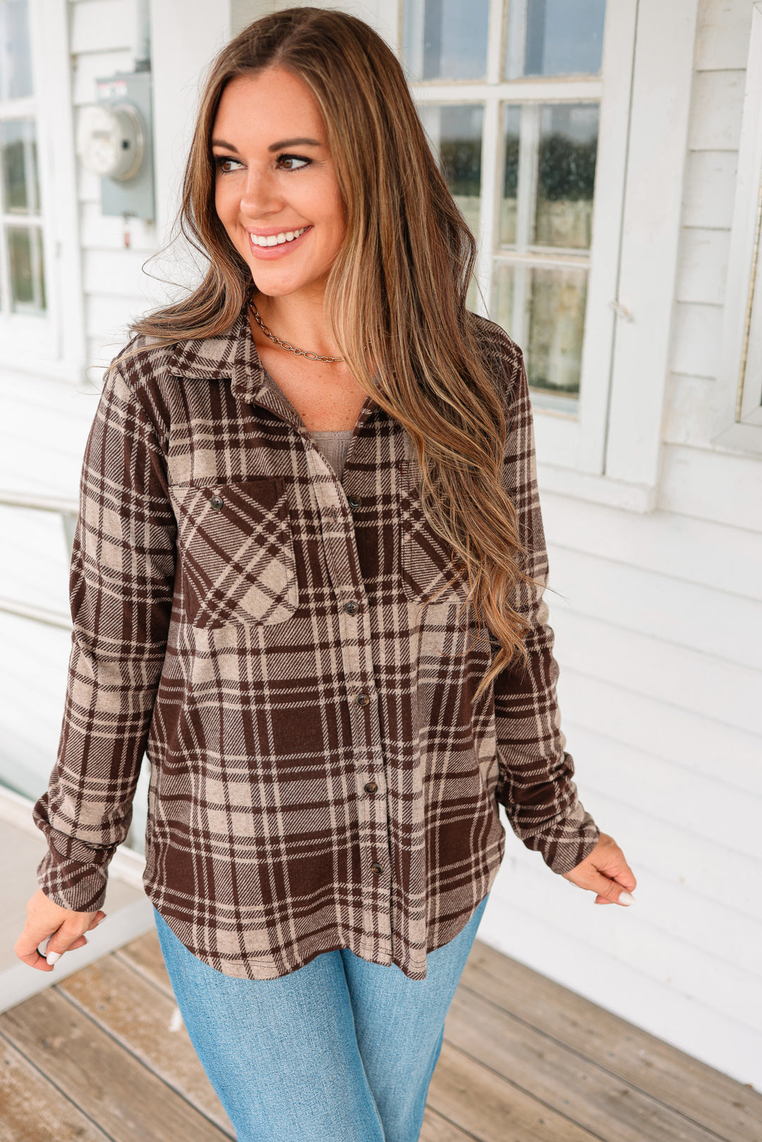 Ava Plaid Button Up - Chocolate Brown