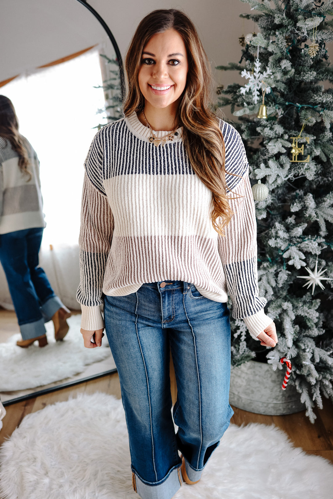 Lyndee Chenille Colorblock Sweater - Navy/Taupe