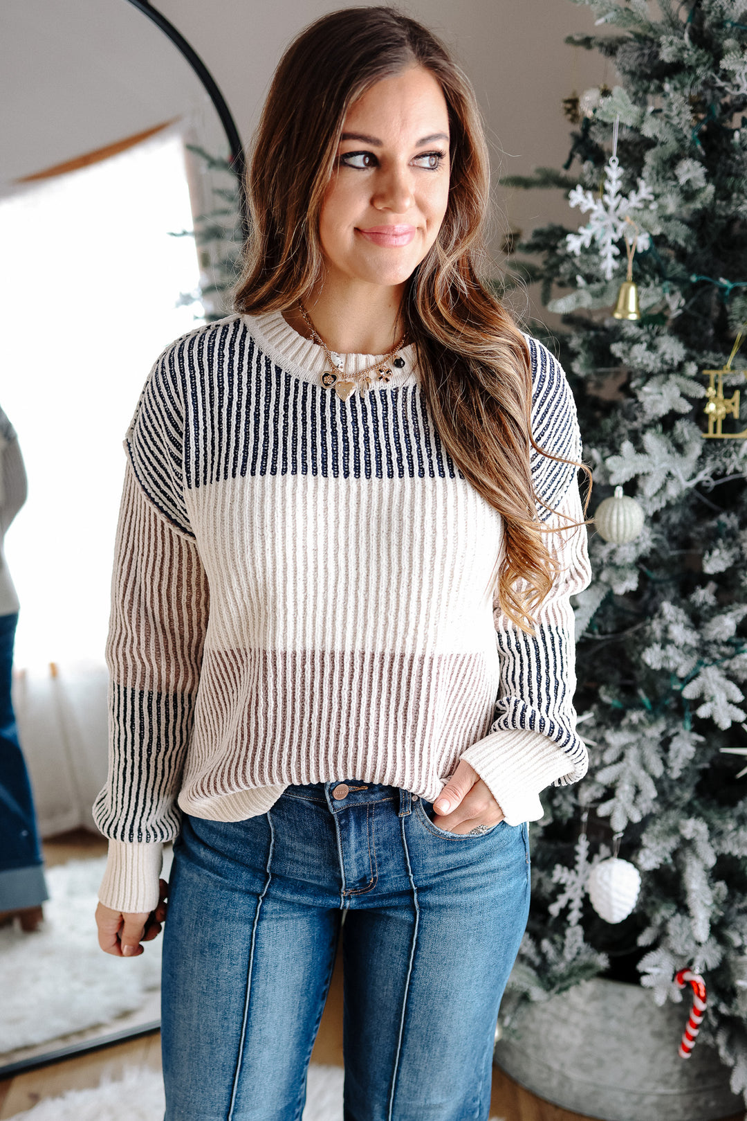 Lyndee Chenille Colorblock Sweater - Navy/Taupe