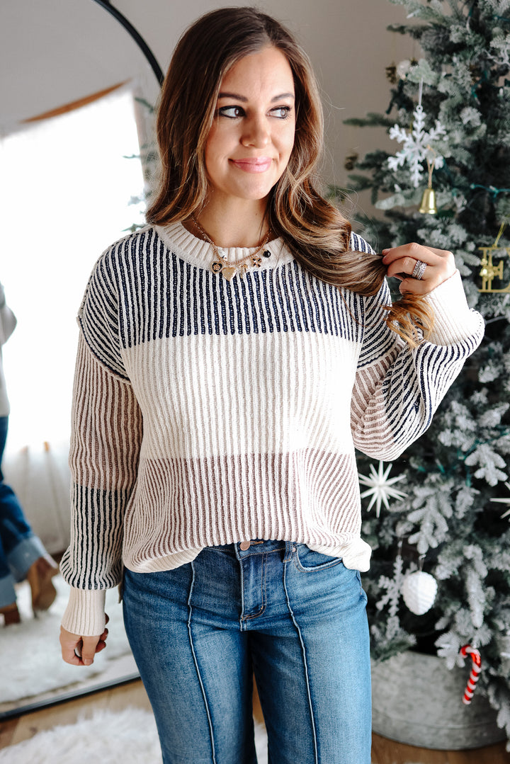 Lyndee Chenille Colorblock Sweater - Navy/Taupe