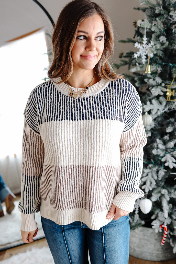 Lyndee Chenille Colorblock Sweater - Navy/Taupe