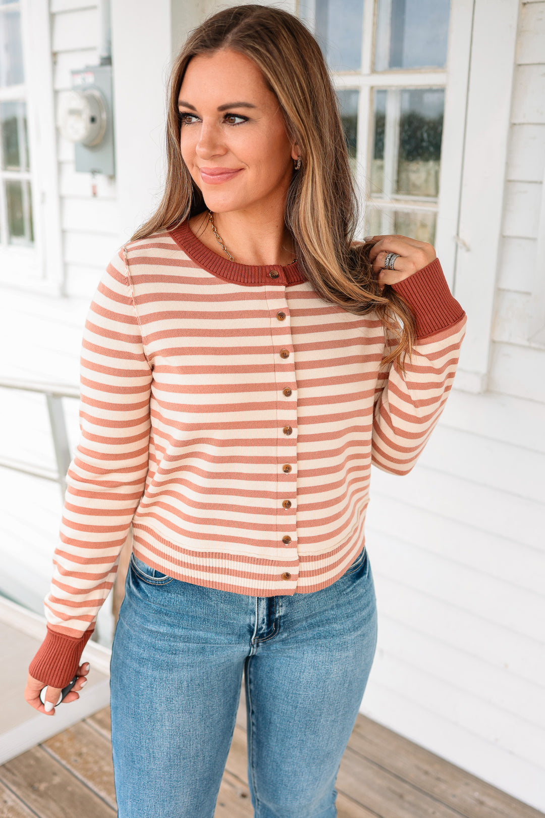 Rhea Striped Button Down Cardigan - Mauve/Ecru