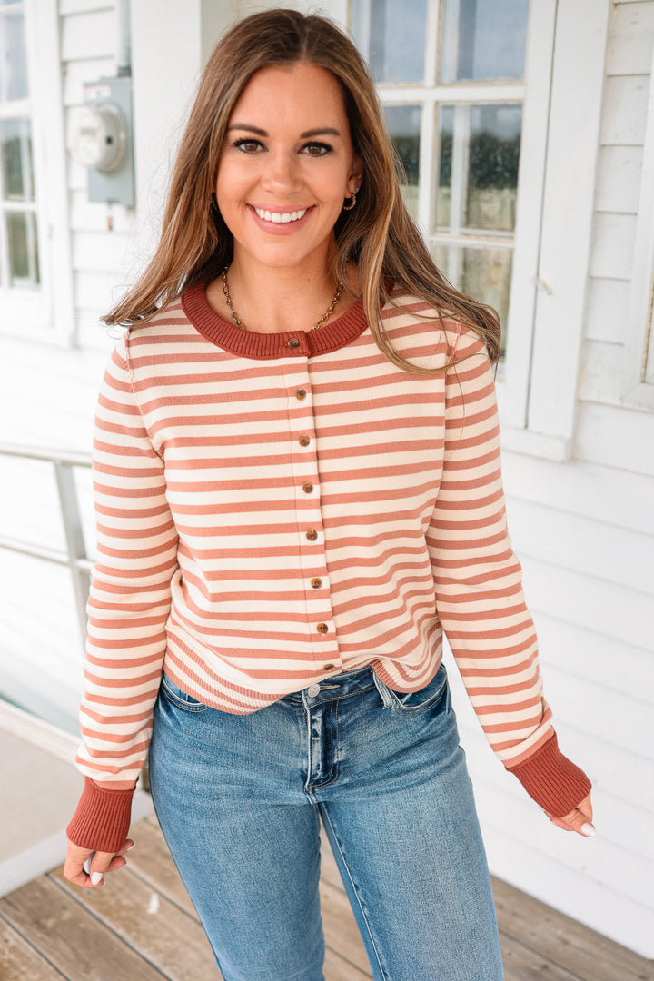 Rhea Striped Button Down Cardigan - Mauve/Ecru