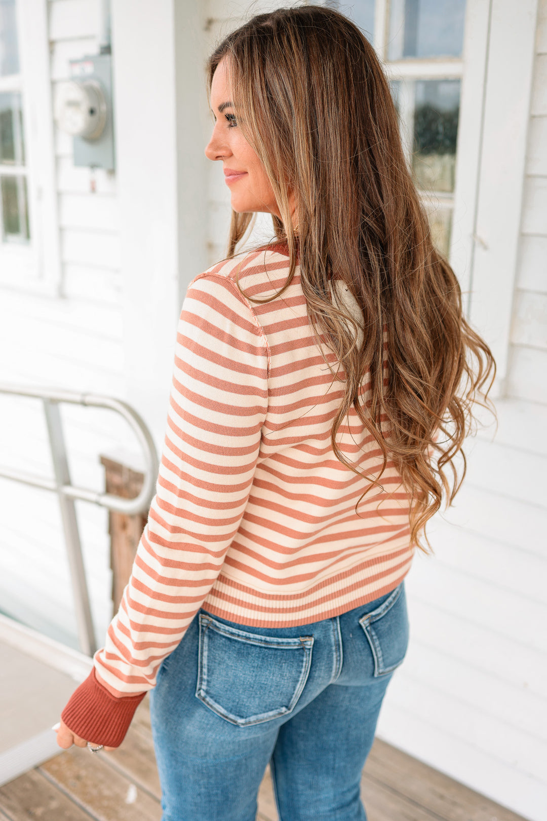 Rhea Striped Button Down Cardigan - Mauve/Ecru