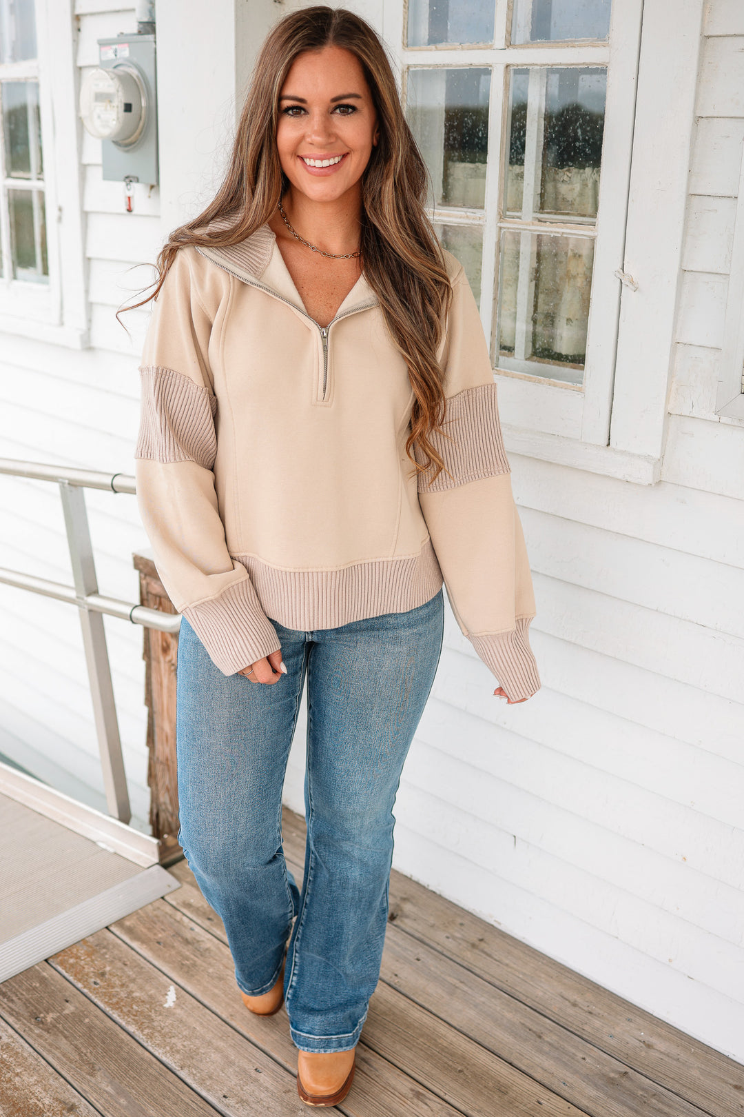 Megan Half Zip Terry Pullover - Sand