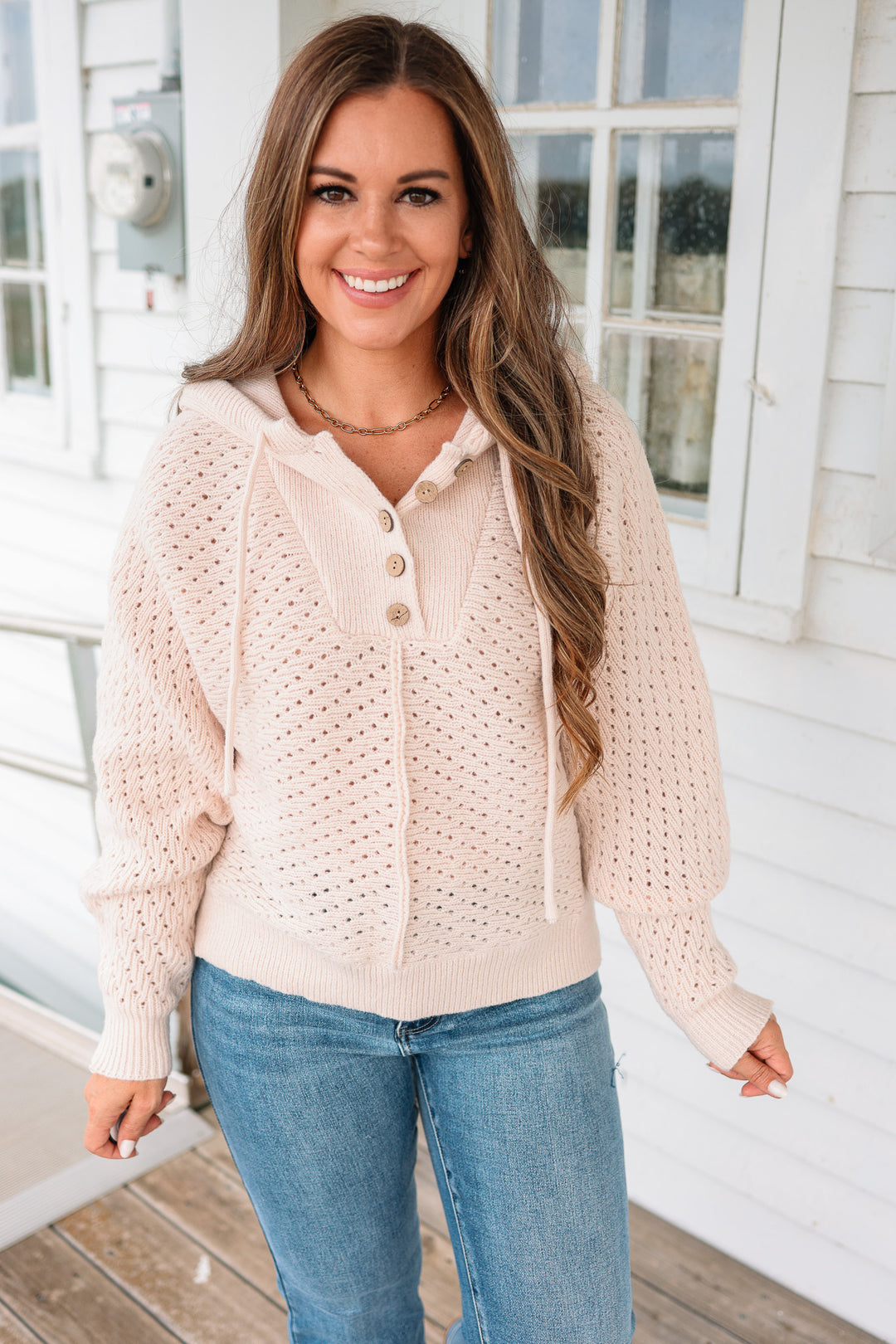 Kelsey Half Button Hoodie Sweater - Natural