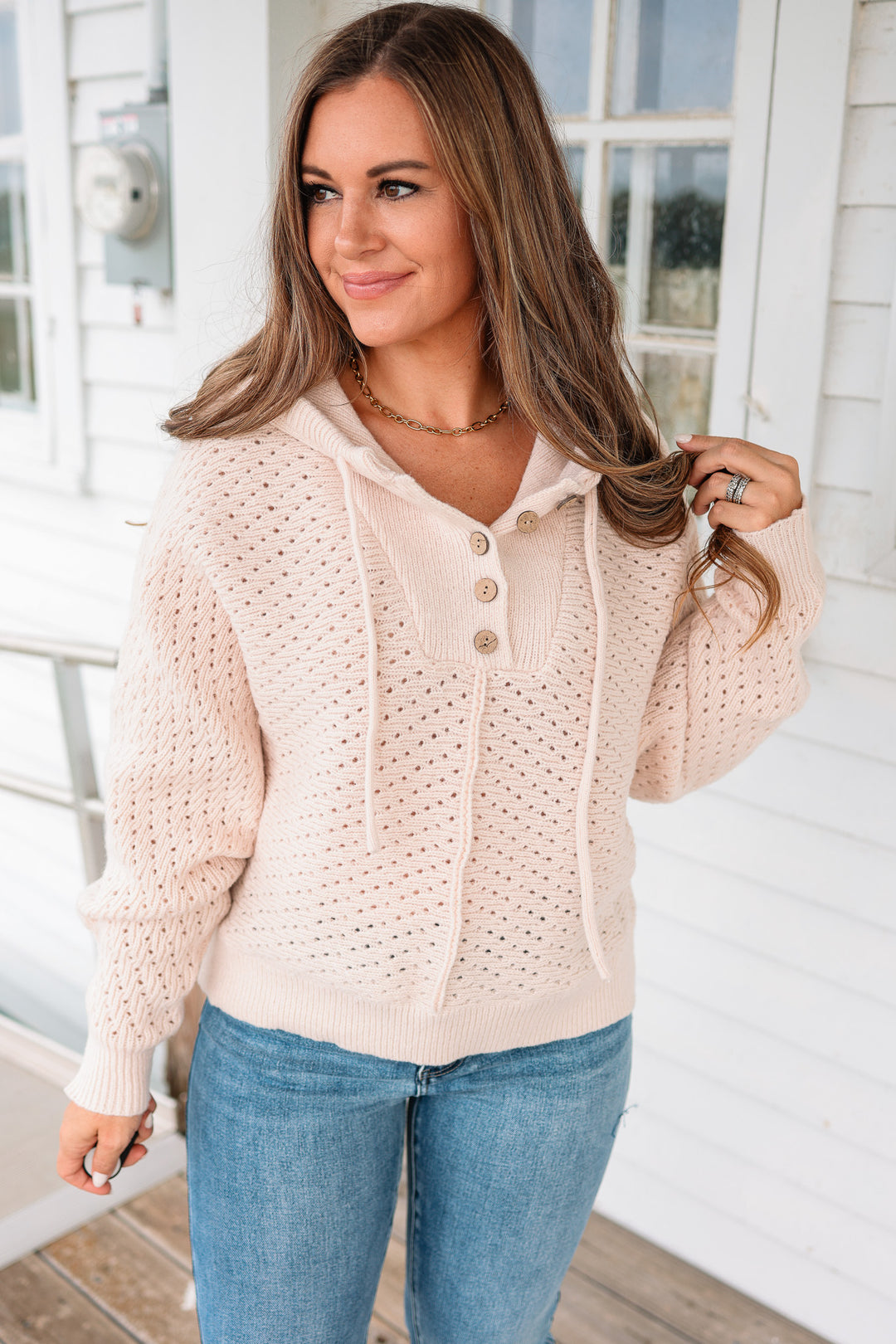 Kelsey Half Button Hoodie Sweater - Natural