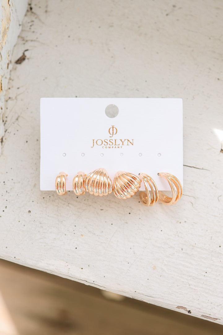 Vintage Gold Shell & Ribbon Hoop Trio Earrings