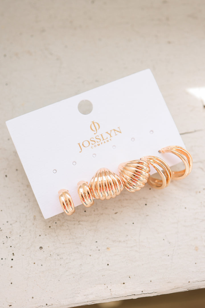 Vintage Gold Shell & Ribbon Hoop Trio Earrings