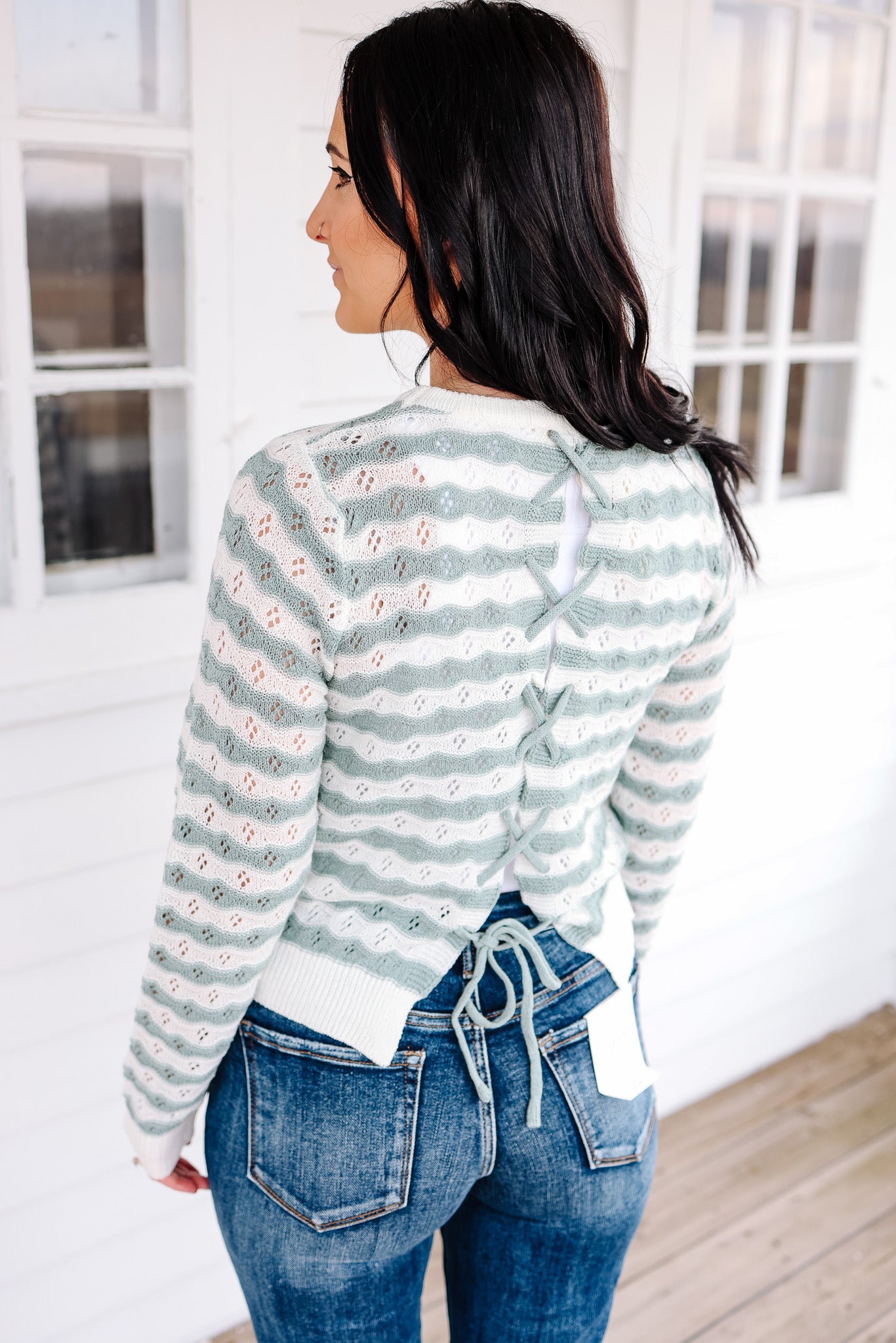 Tia Lace Up Back Pointelle Sweater