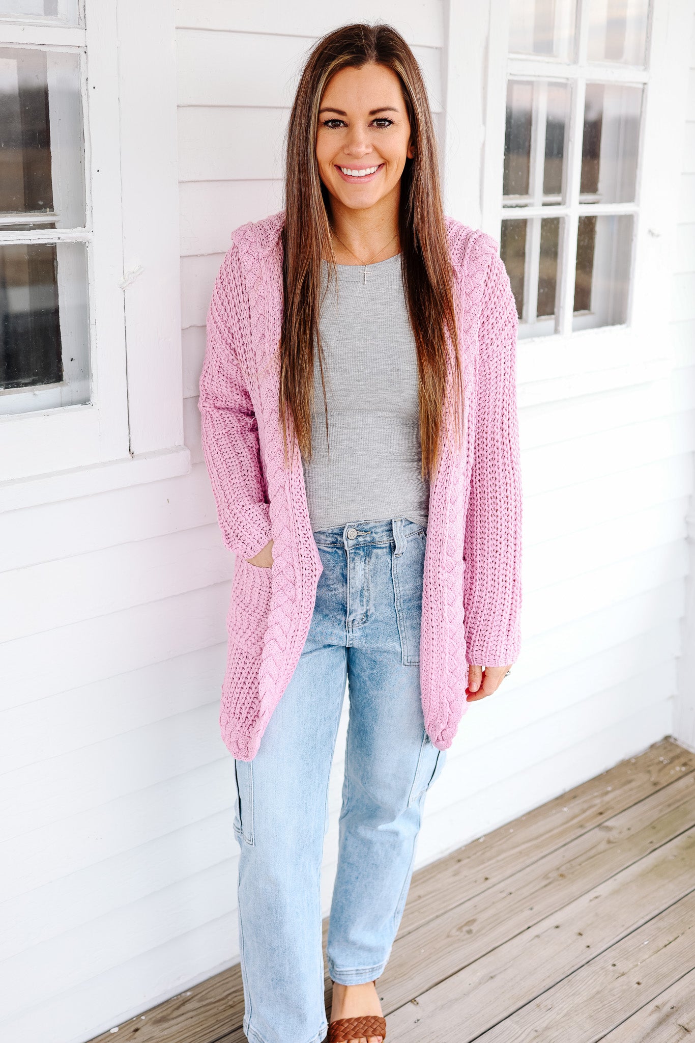 Stassie Cable Knit Hooded Cardigan - Cherry Pink