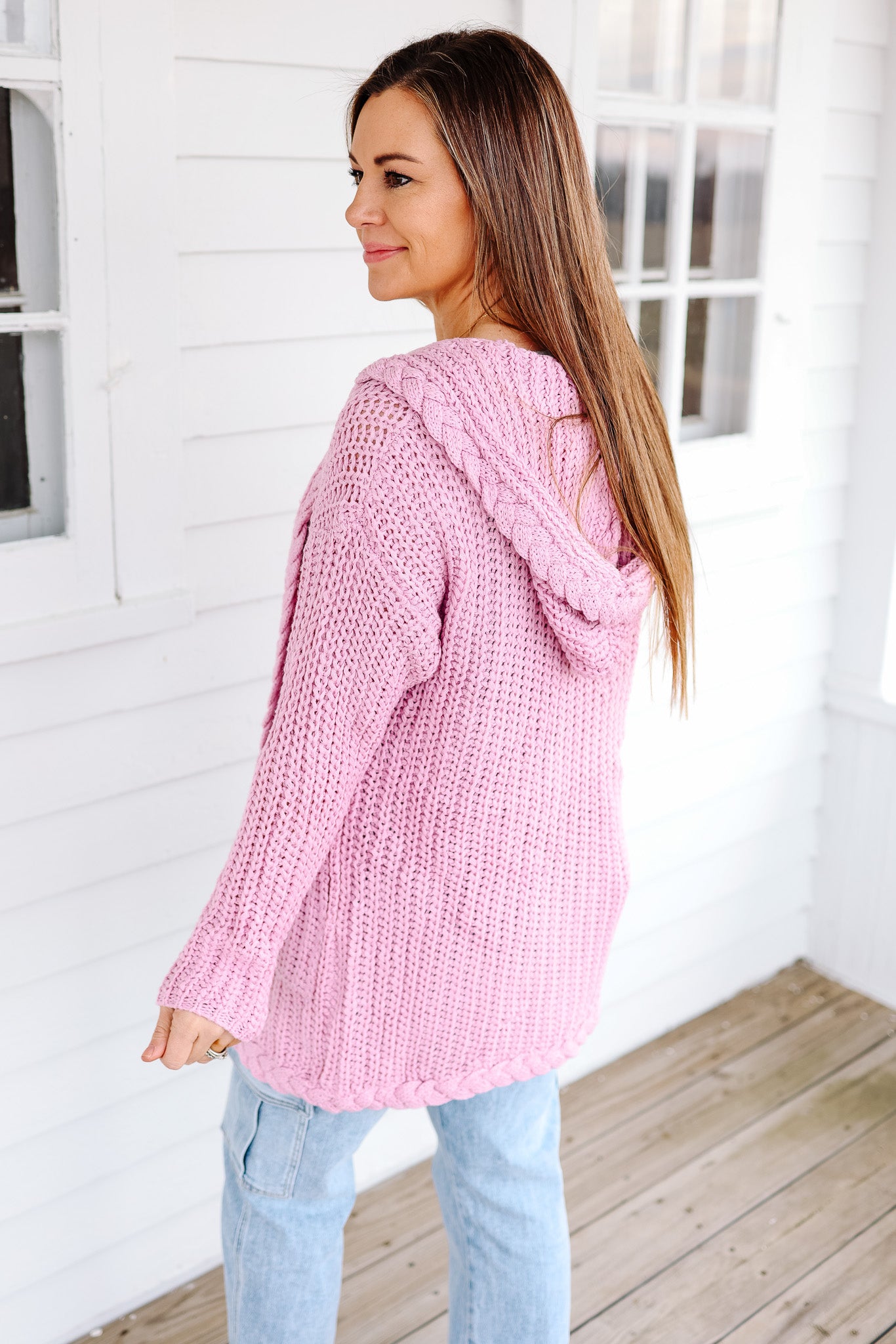 Stassie Cable Knit Hooded Cardigan - Cherry Pink