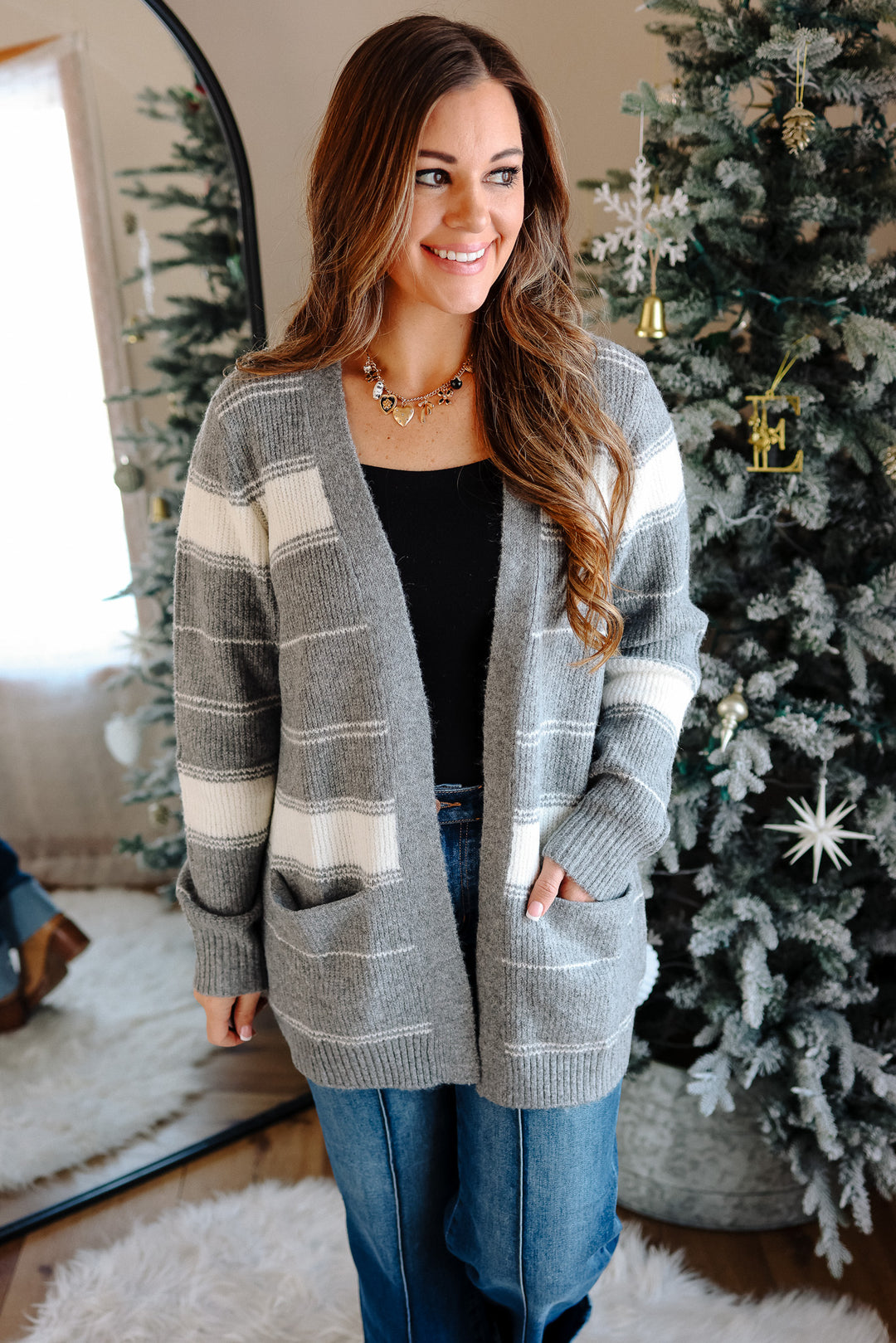 Madison Striped Cardigan - Grey