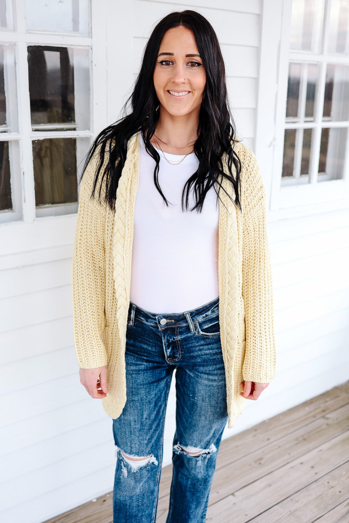 Stassie Cable Knit Hooded Cardigan - Light Yellow