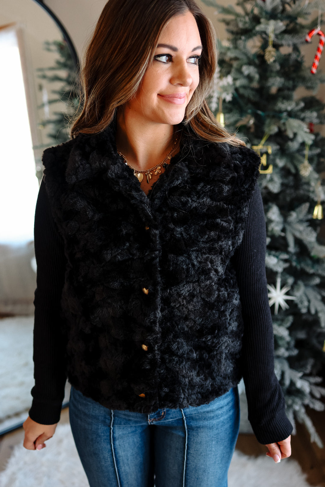 Chloe Knit Sleeve Fur Jacket - Black