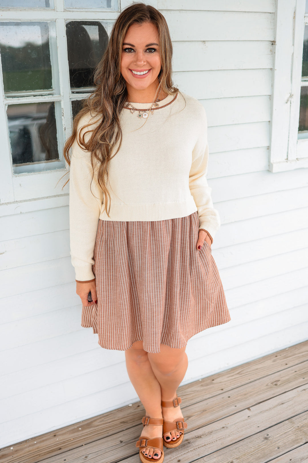 Goldie Layered Contrast Twofer Dress - Mocha