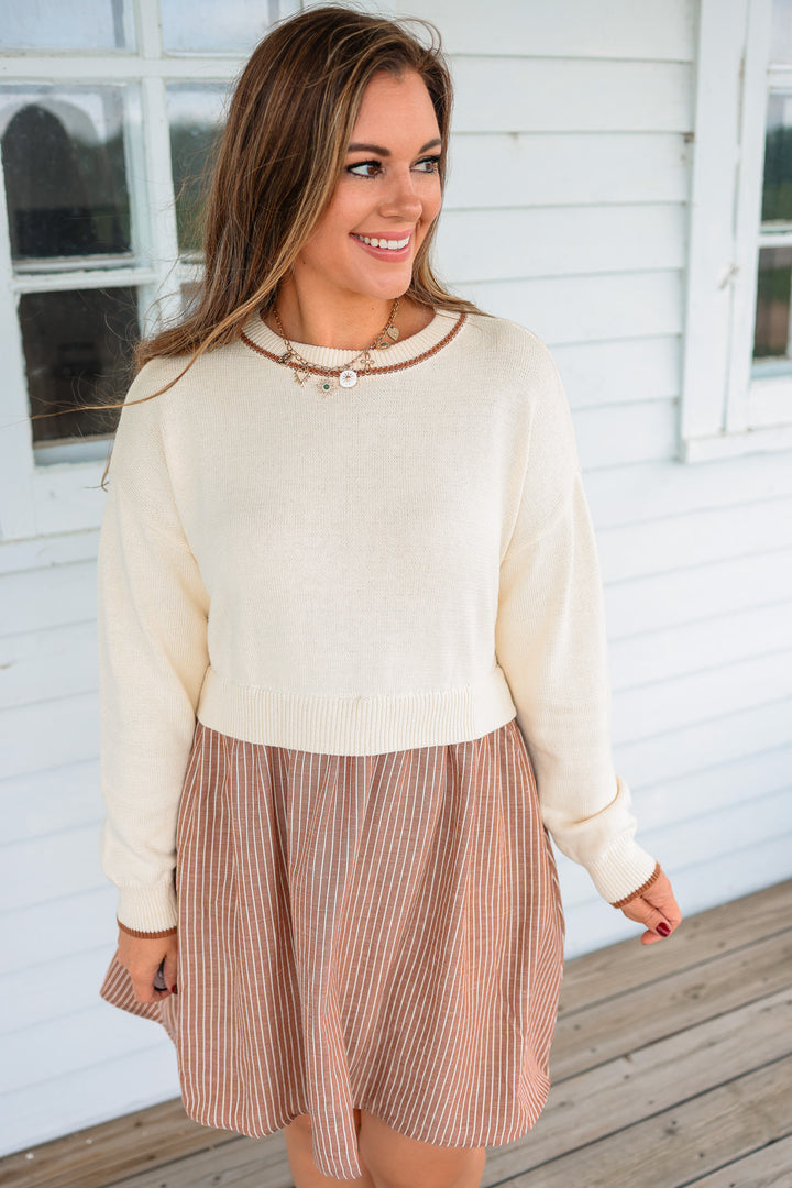 Goldie Layered Contrast Twofer Dress - Mocha