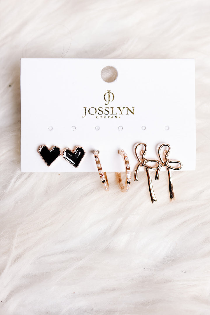 Trio Bow Hoop Black Heart Earrings