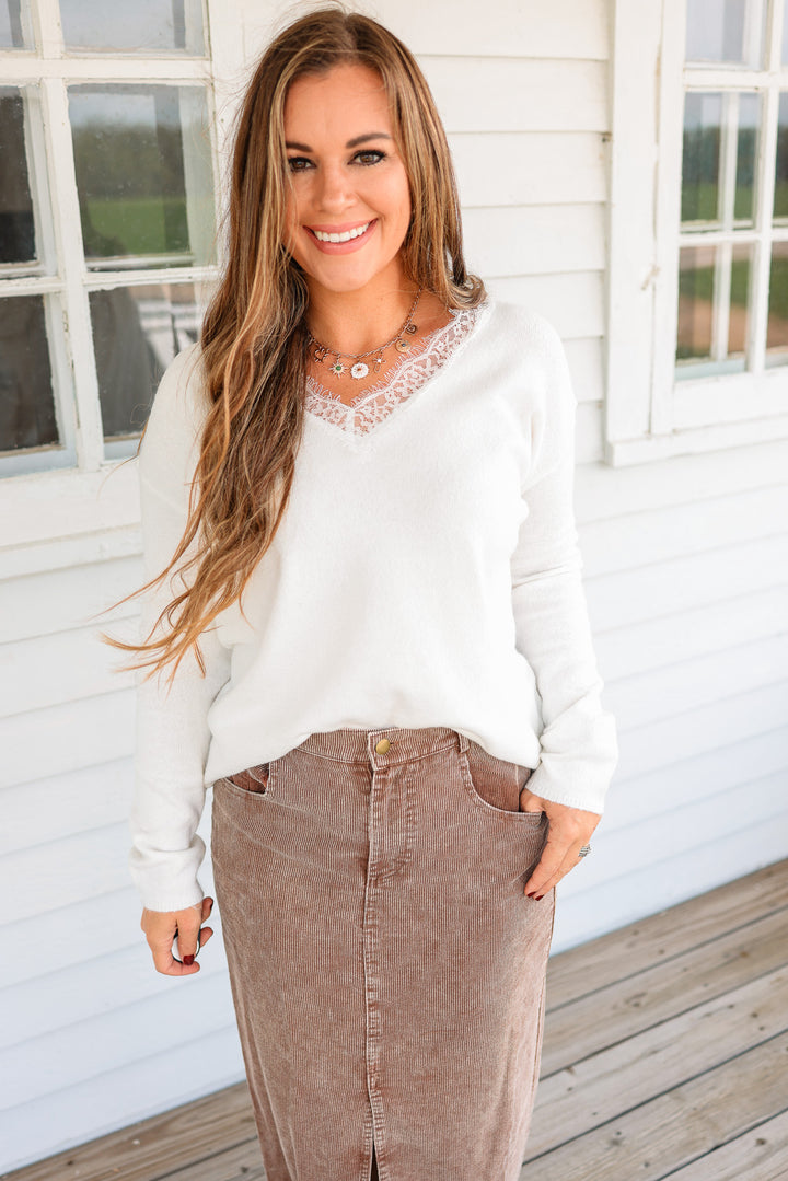 Alana Lace Trim V-Neck Sweater - White