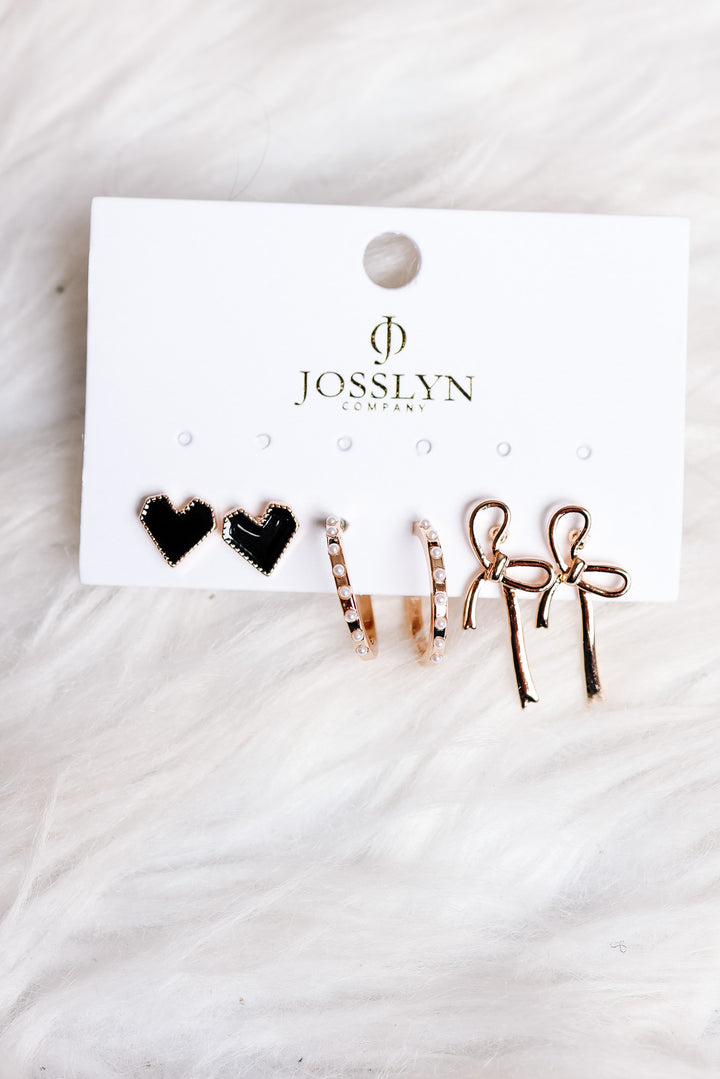 Trio Bow Hoop Black Heart Earrings