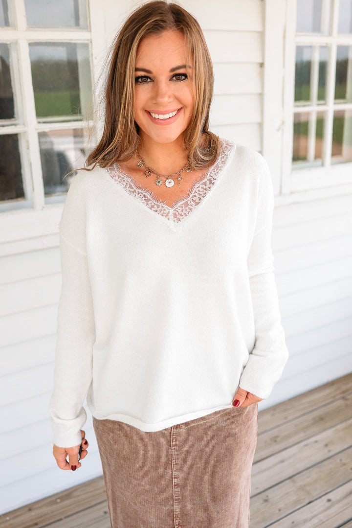 Alana Lace Trim V-Neck Sweater - White