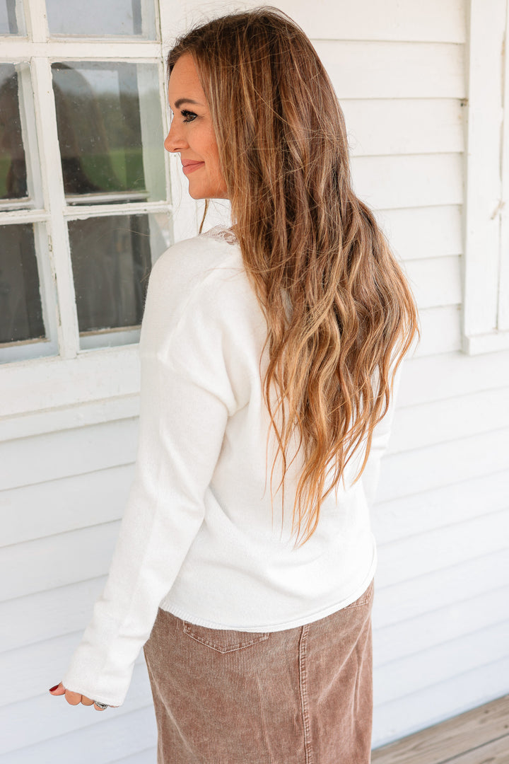 Alana Lace Trim V-Neck Sweater - White