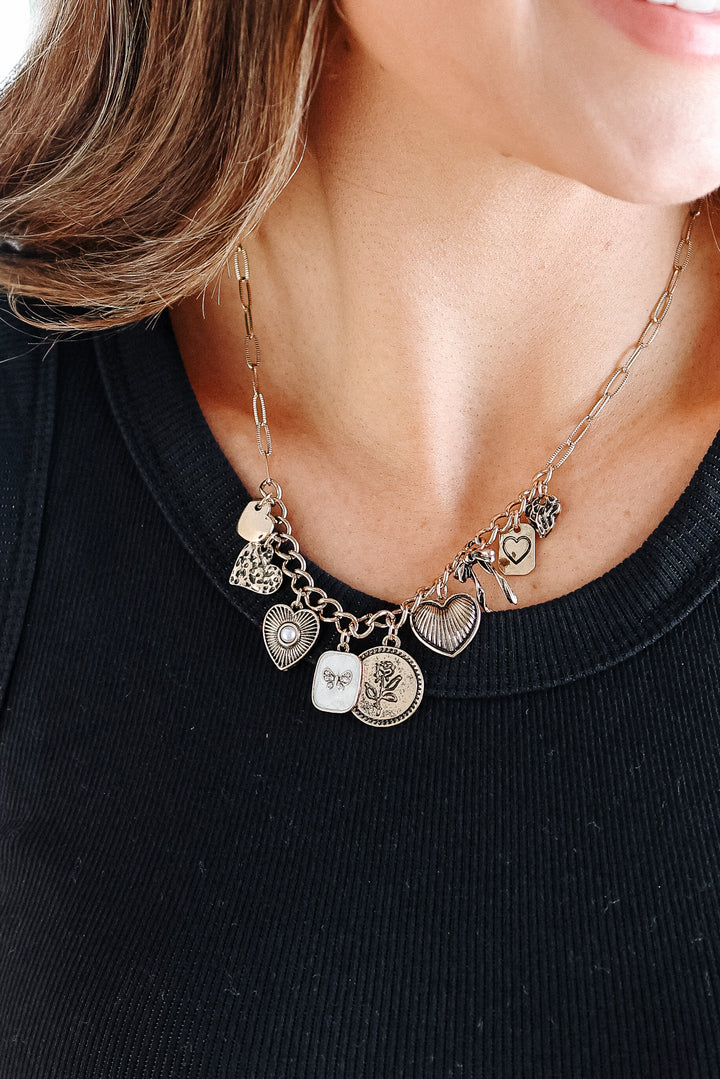 Custer Bow Heart Pearl Link Charm Necklace