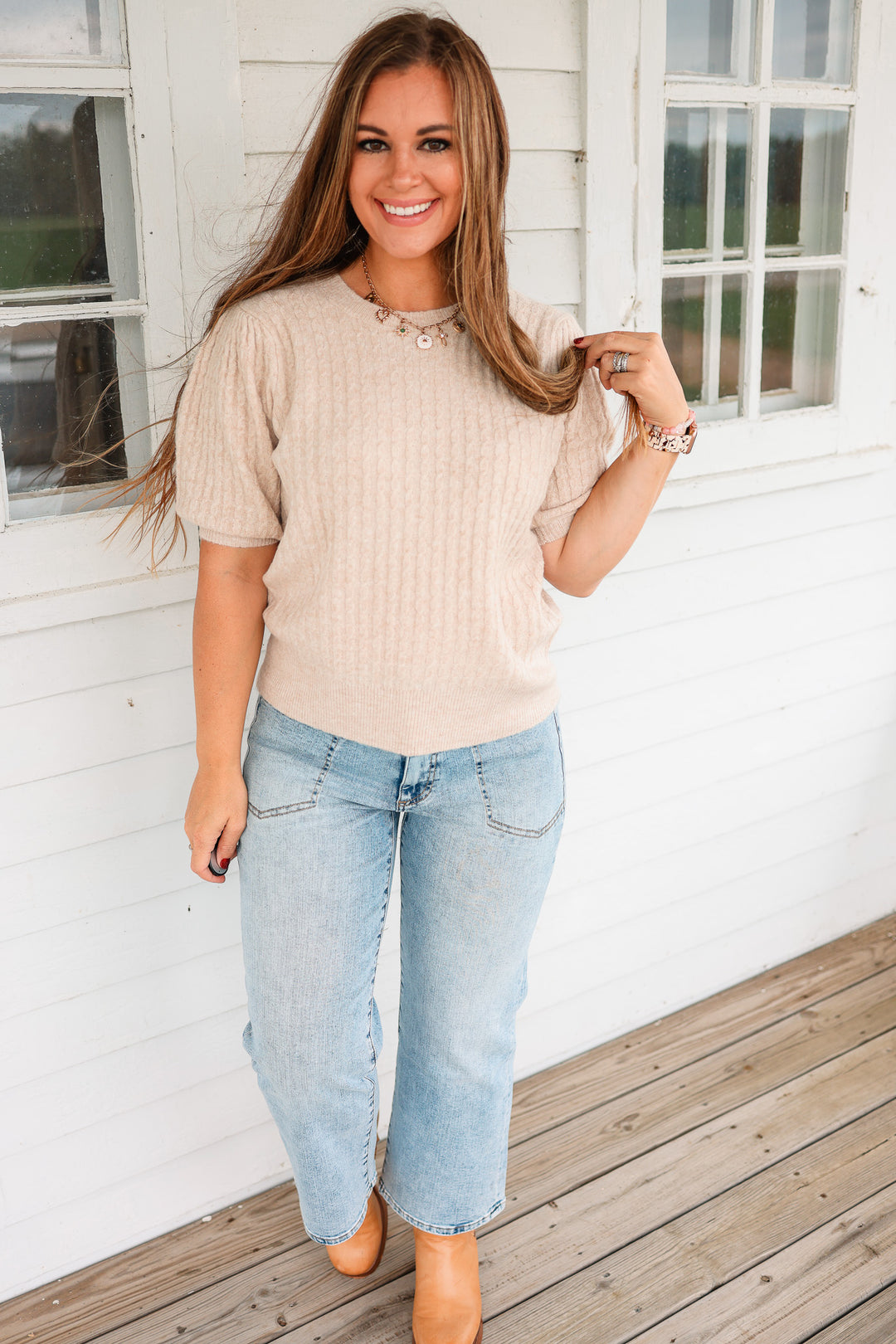 Taryn Puff Sleeve Cable Knit Sweater - Oatmeal