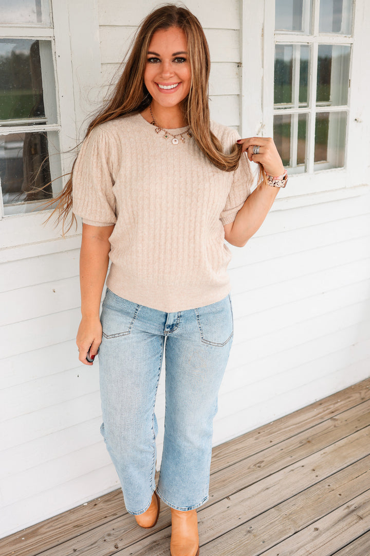 Taryn Puff Sleeve Cable Knit Sweater - Oatmeal