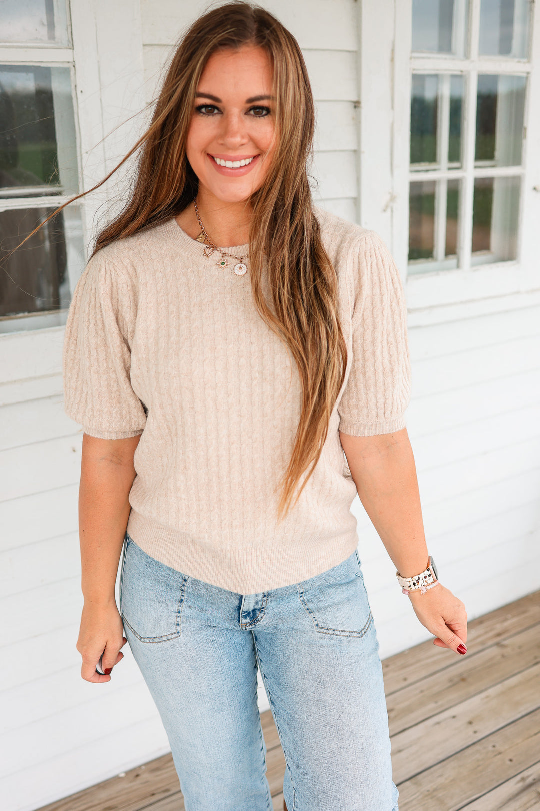 Taryn Puff Sleeve Cable Knit Sweater - Oatmeal
