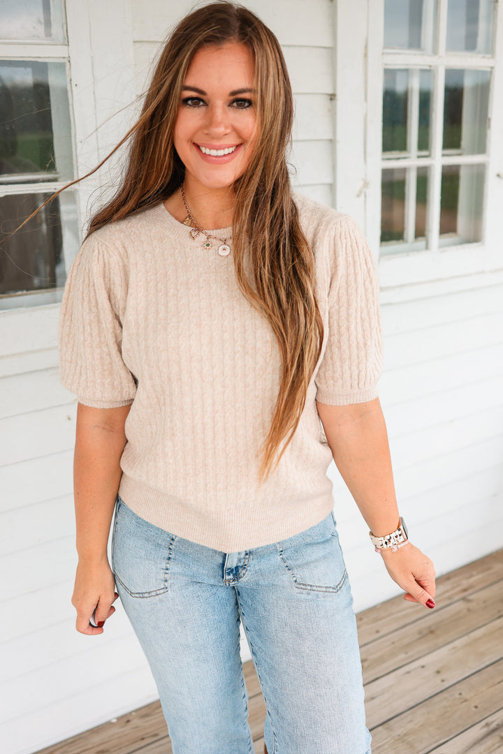 Taryn Puff Sleeve Cable Knit Sweater - Oatmeal
