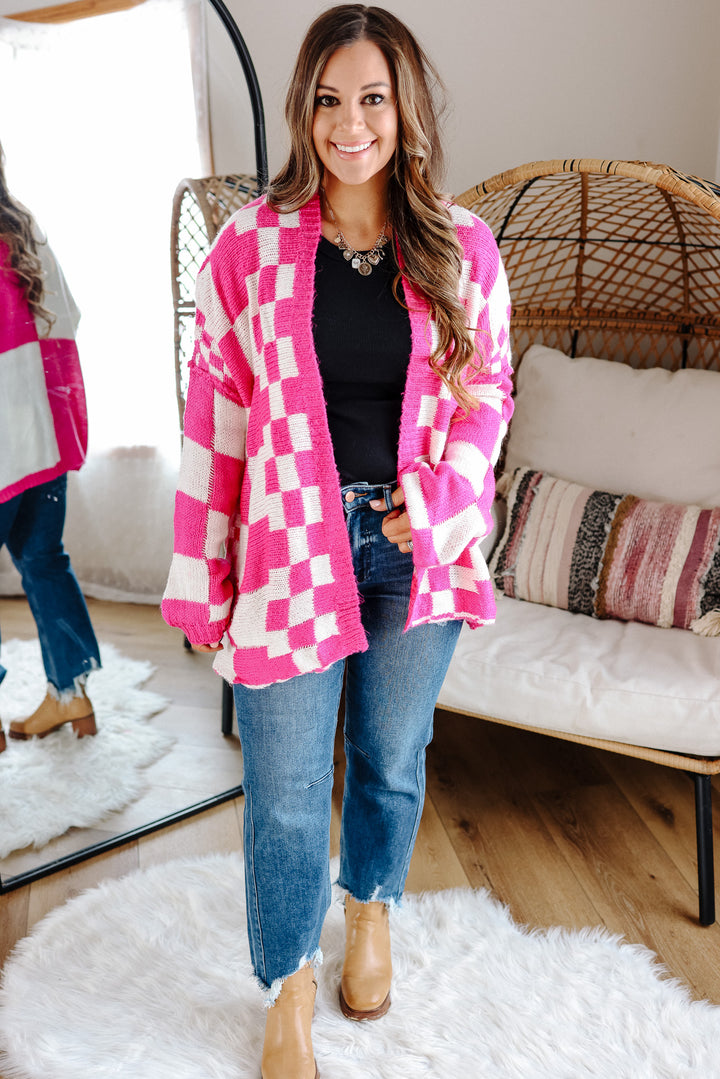 Haven Checkered Crochet Cardigan - Hot Pink